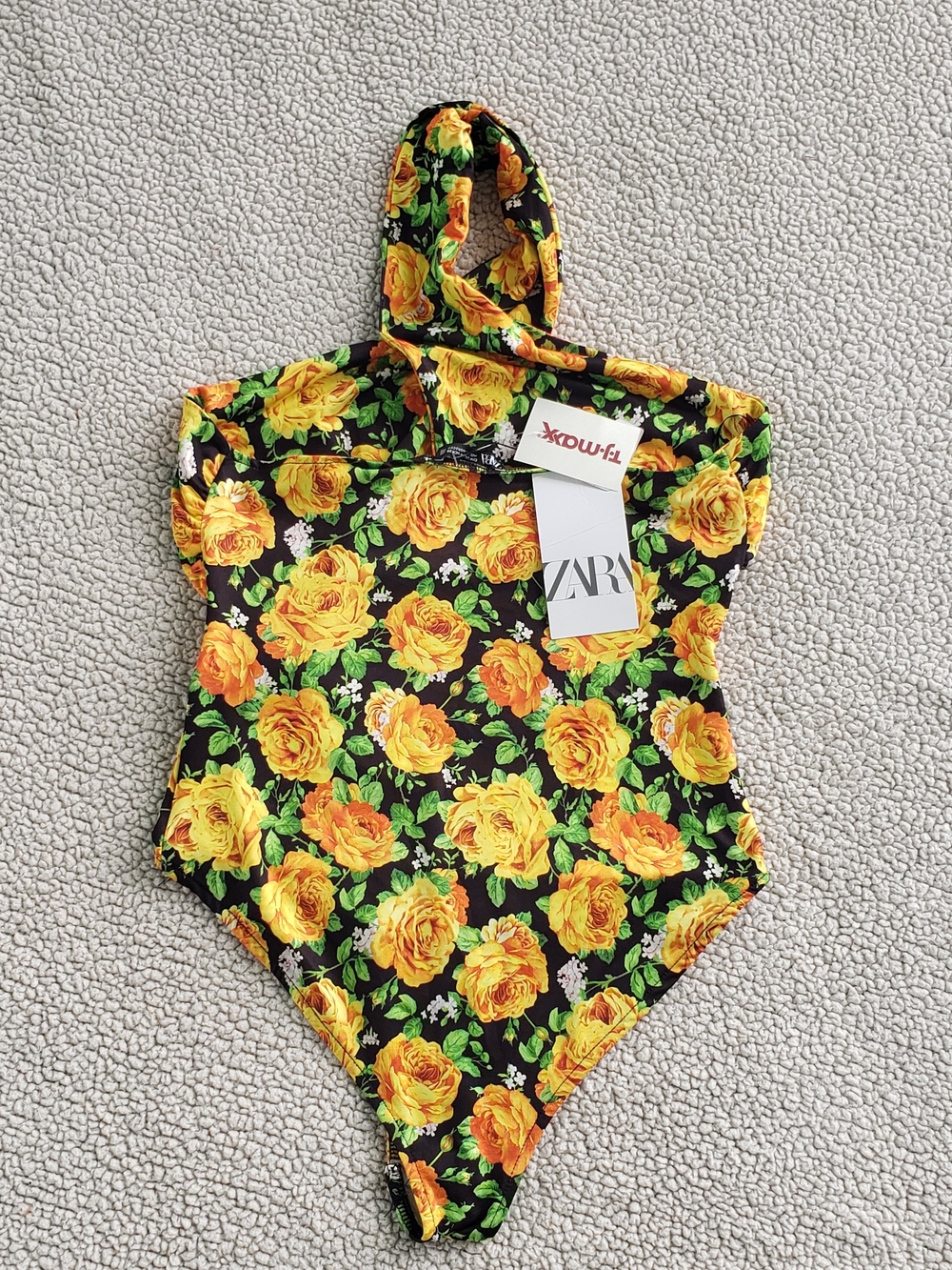 ZARA Yellow Rose Print Bodysuit Halter Top | Medium NWT